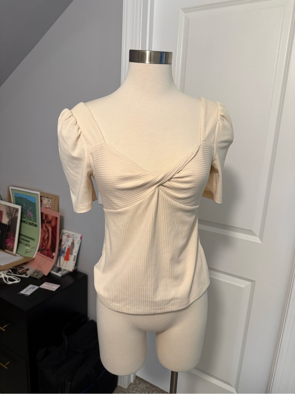FRNCH Cream Ribbed Twist-Front Puff Sleeve Crop Top